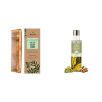 Nat Habit Dual Tooth Wooden Kacchi Neem Comb & Olive Almond Dasabuti Hair Oil for Dry and Frizzy Hair, with Castor, Coconut & Amla (Combo Pack of 2)