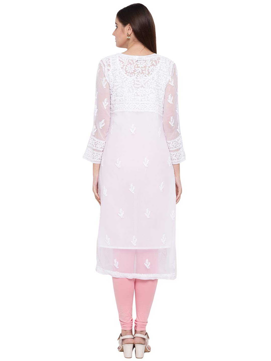 Ada Women's  Handcrafted Traditional Chikan Work Georgette Kurta with Slip A158876 White