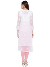 Ada Women's  Handcrafted Traditional Chikan Work Georgette Kurta with Slip A158876 White