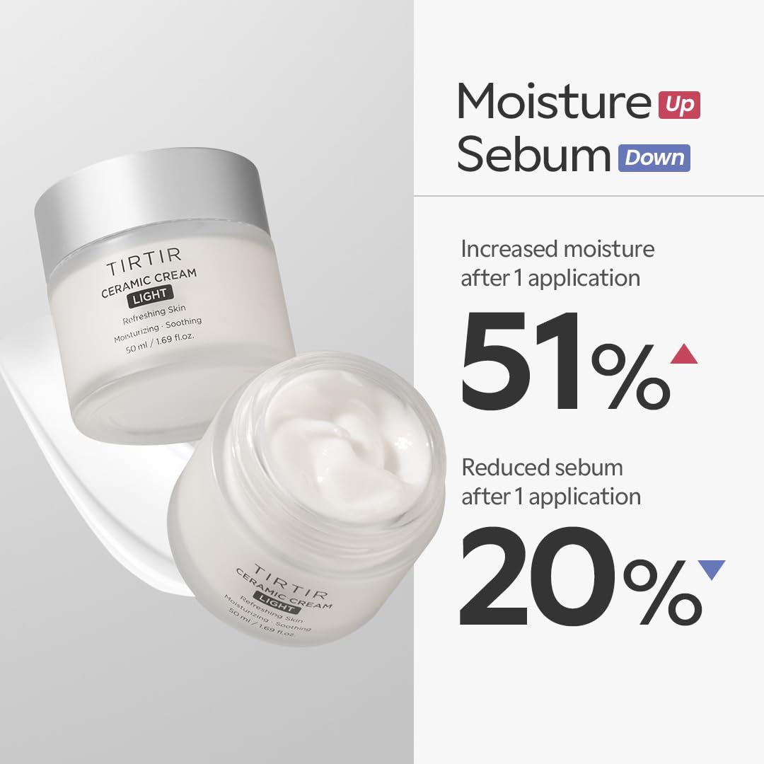 TIRTIR Ceramic Cream Light | Deep moisturizer for Glass Skin, Polyglutamic acid, Centella Asiatica Extract, Skin barrier, Lightweight, Mild, | Nature derived ingredients | Dry skin, Korean skincare