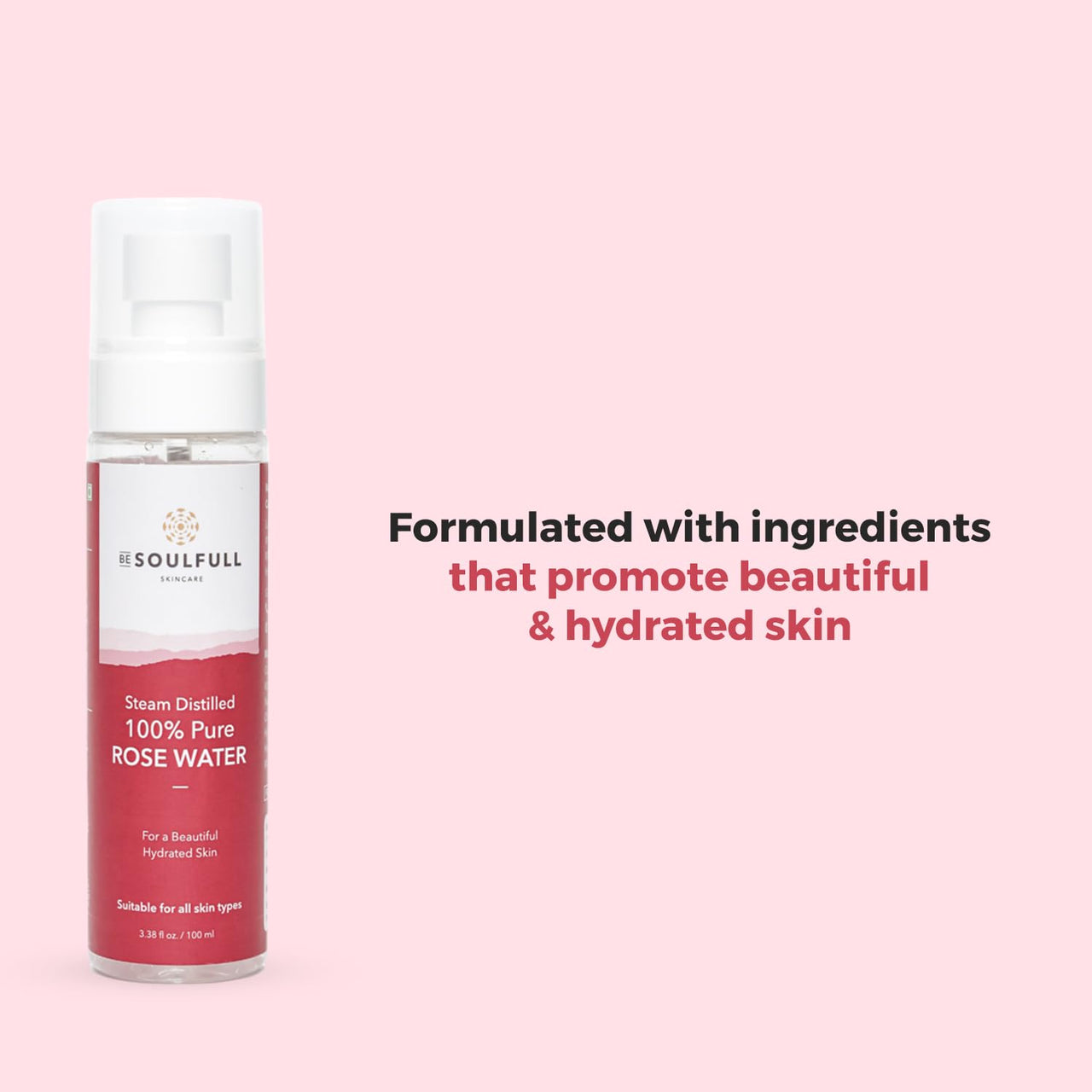 Be Soulfull Rose Elixer 100% pure Rose water Mist - 100ml/1.76 Fl Rich in antioxidants, it soothes, calms, and balances skin. Suitable for all types, it hydrates & moisturises the skin. 100ml/1.76 Fl oz