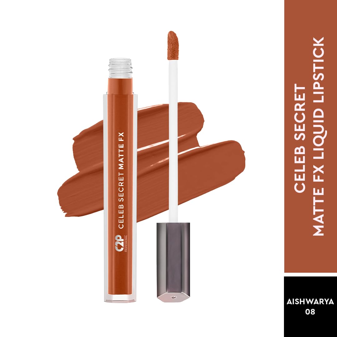 C2P Pro Liquid Lipstick Waterproof Matte Orange Lipsticks for Women | Long Lasting Smudge Proof | Infused with Argan Oil, Vitamin E | Cruelty Free, Vegan - Celeb Secret (Liquid Lipstick Aishwarya, 2 ml)