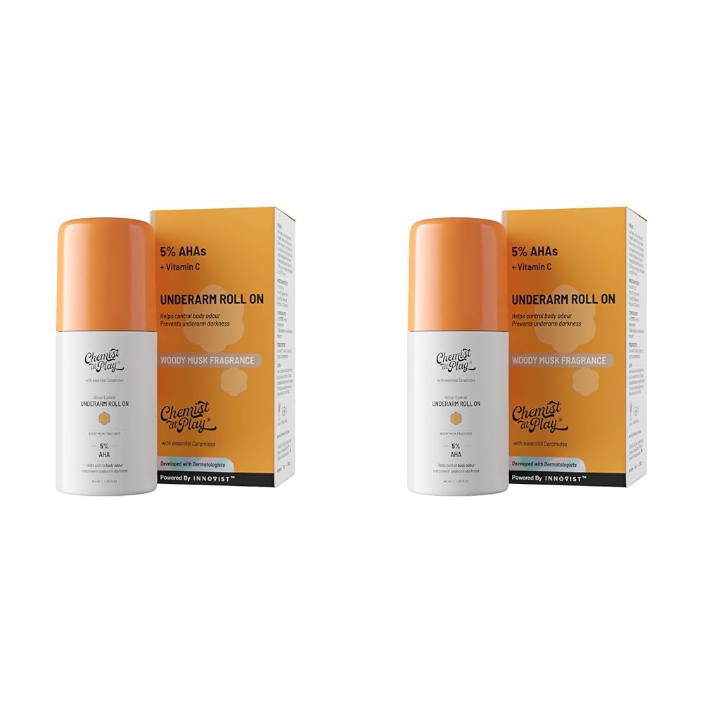 Chemist at Play UnderArm Roll-On with 5% AHA, Lactic Acid & 1% Mandelic Acid | Prevents Body Odour, Brightens Skin & Exfoliates Underarm | For Sensitive Skin | Woody Musk Fragrance | Alcohol Free-40ml