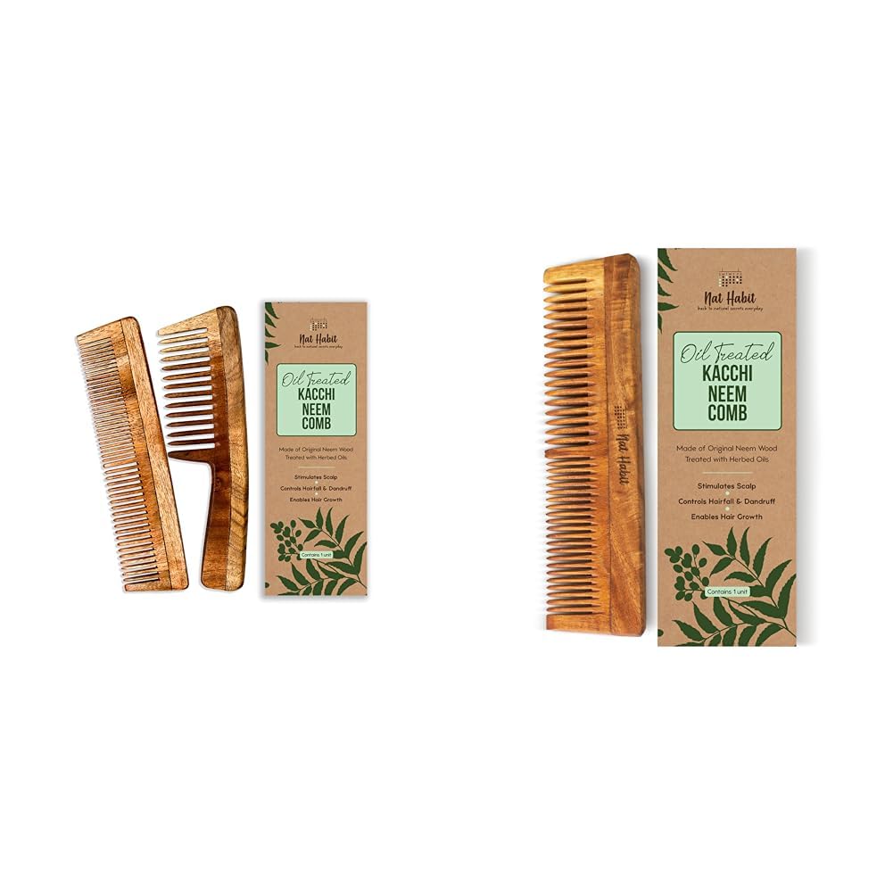Nat Habit - Kacchi Neem Wooden Comb - Soaked In 17 Herbs Neem & Sesame Oil For Multi-Actions - Deta,Nat Habit Kacchi Neem Wooden Comb -Soaked In 17 Herbs Neem, Castor & Coconut Oil For Multi-Actions