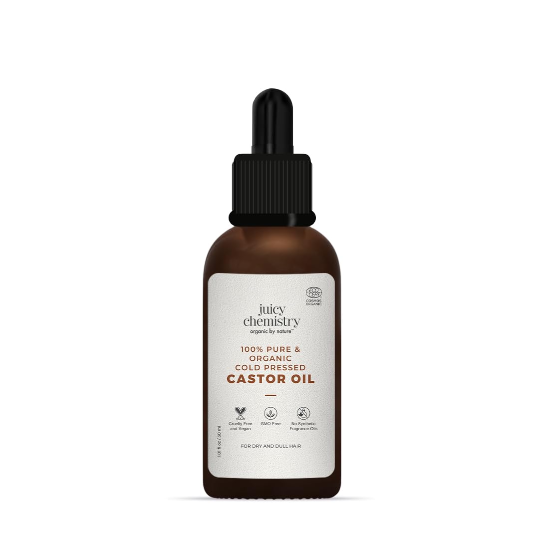 Juicy Chemistry Castor Oil, 30 ml | 100% Pure, Virgin, Cold Pressed & Certified Organic Carrier Oil | Boost Hair Growth for Thicker, Fuller & Stronger Hair | 100% Natural for Eyebrows & Eyelash Growth