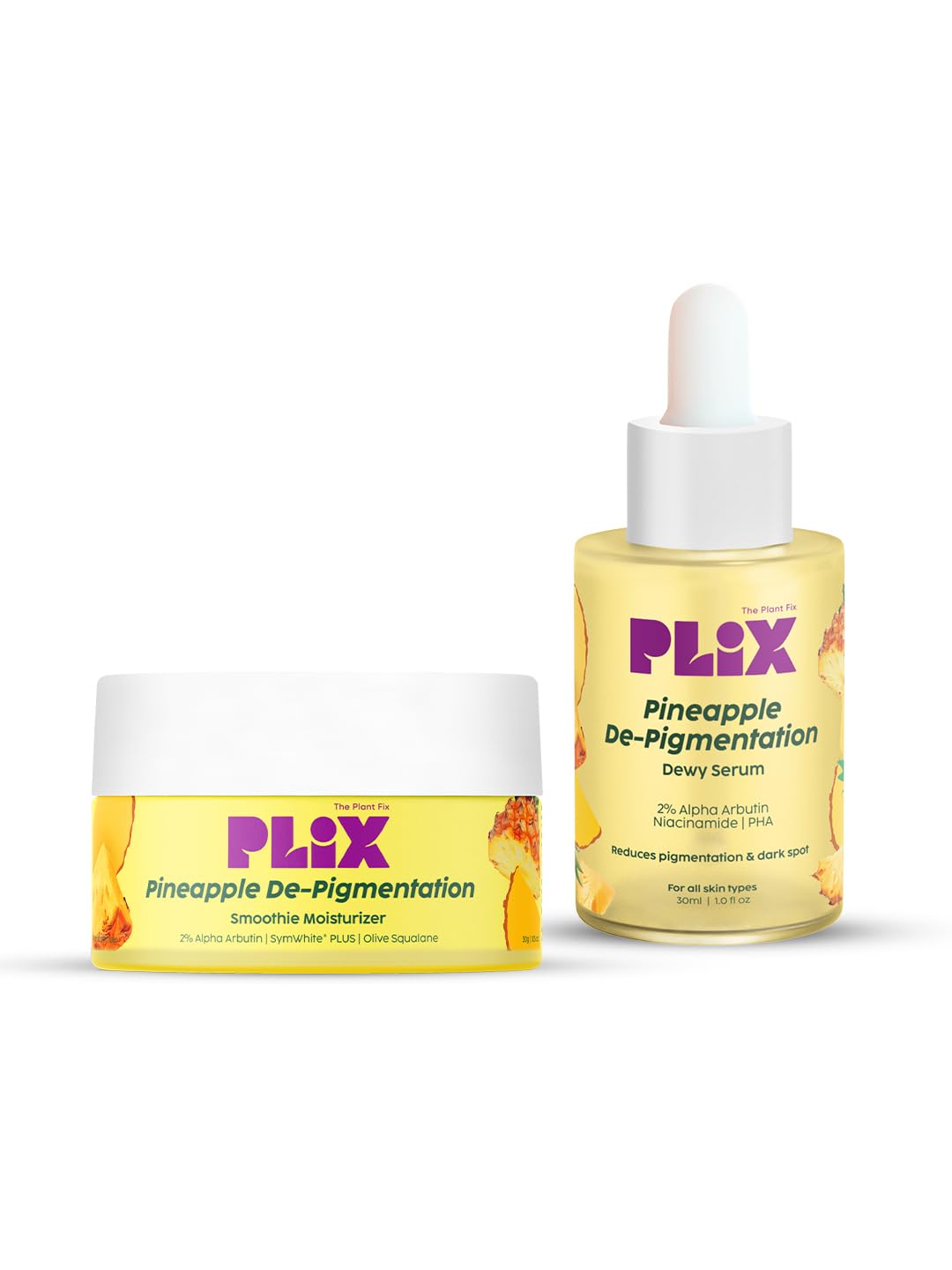 PLIX - THE PLANT FIX Pineapple Pigmentation Skincare Regime For Dark Spot Removal | Face Serum and Moisturizer Combo With 2% Alpha Arbutin For Women & Men, Pack of 2 (30ml + 50g)