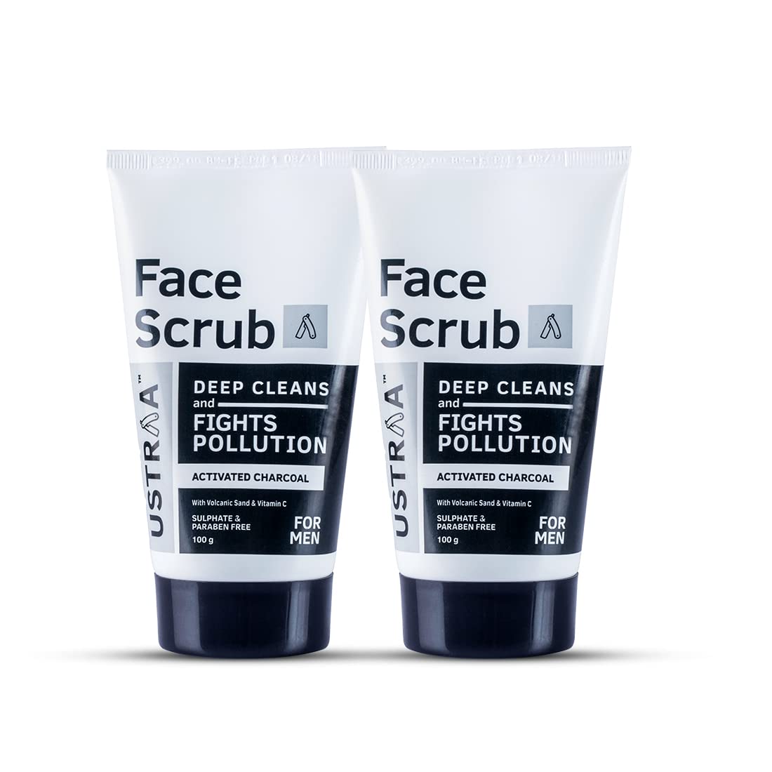 Ustraa Face Scrub for Men - 2 x 100g - with Activated charcoal, Tahitian Volcanic Sand & Walnut Granules - Great for Exfoliating skin & facial detox, Fights blackheads - For All Skin type (Set of 2)