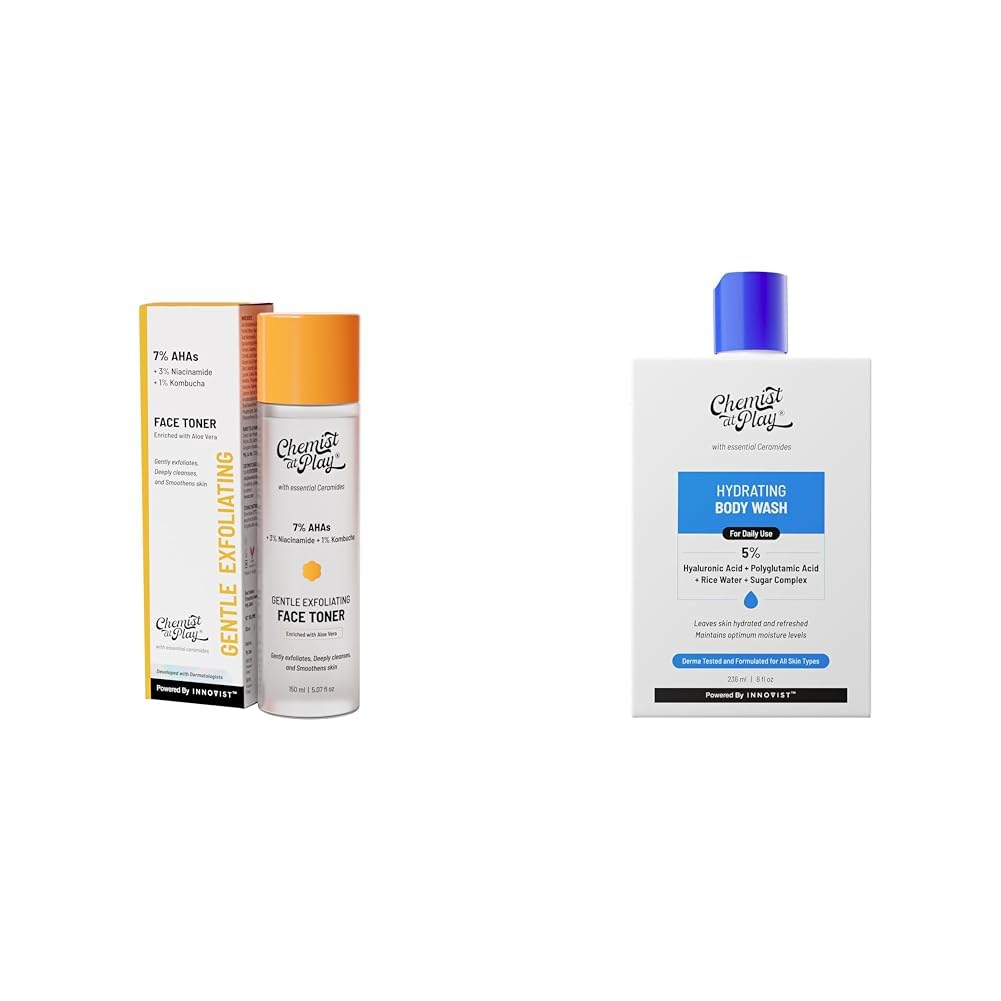 Chemist At Play Glycolic Acid Face Toner for Gentle Exfoliation & Skin Hydration| 150ml + Hydrating Body Wash For Women & Men | 236ml