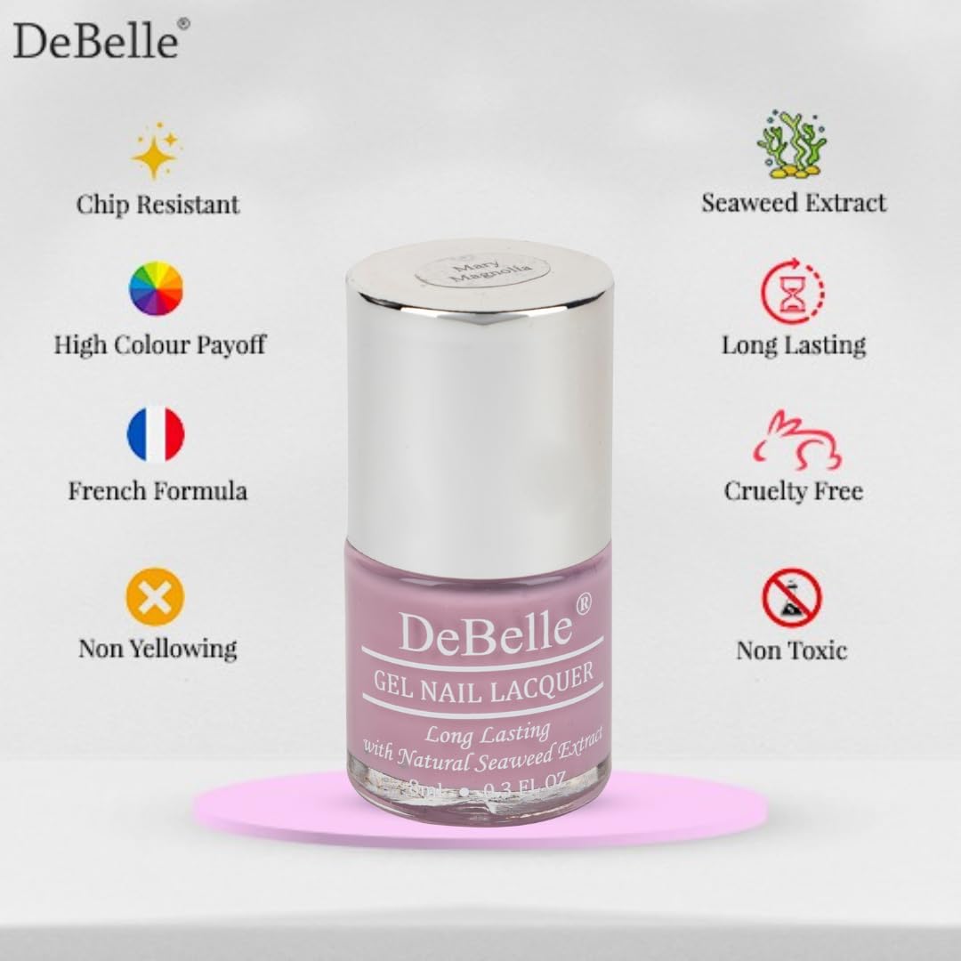 Debelle Gel Nail Polish Mary Magnolia (Pastel Lavender Nail Paint)|Non Uv - Gel Glossy Finish |Chip Resistant | Seaweed Enriched Formula| Long Lasting|Cruelty And Toxic Free| 8Ml