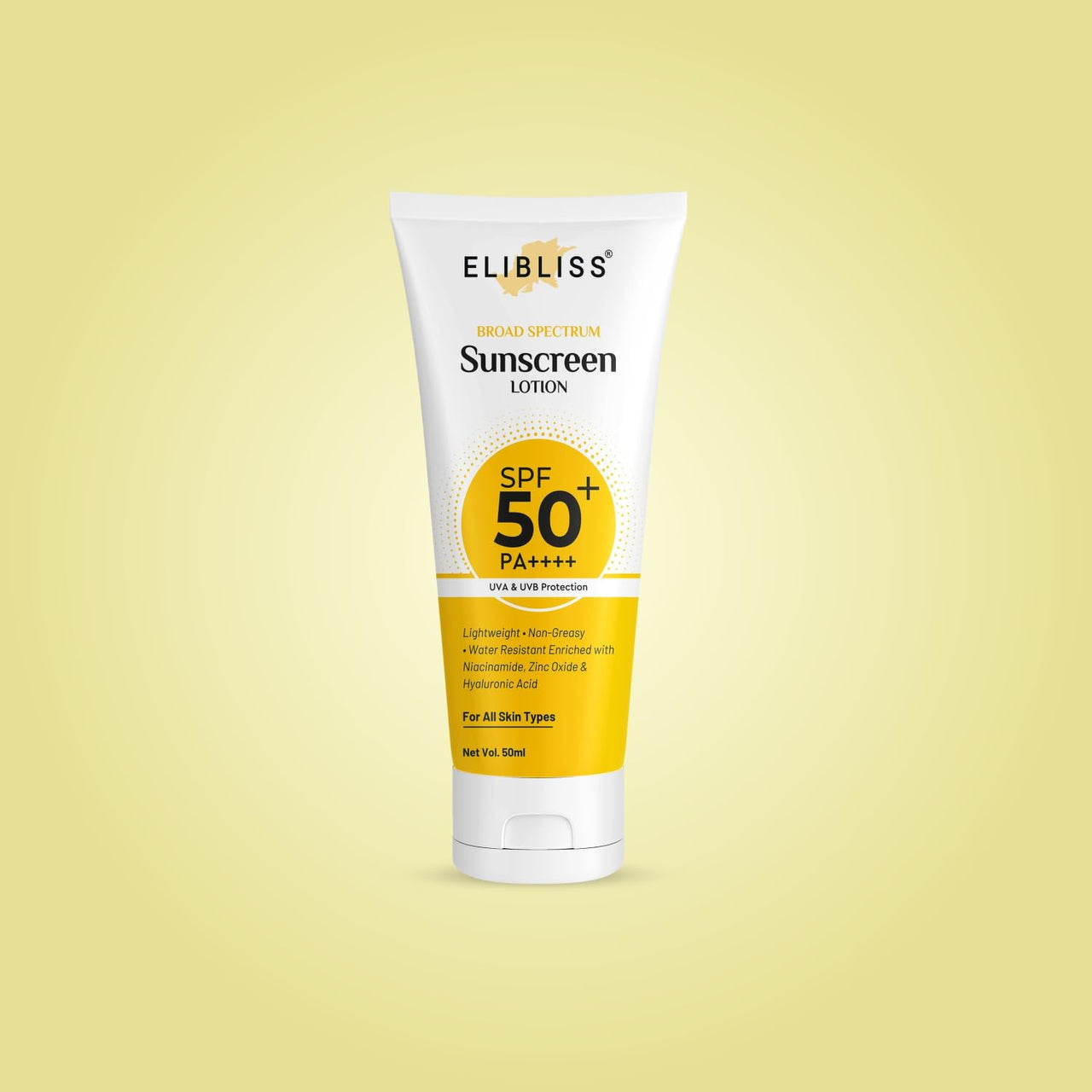Elibliss Eco Glow Sunscreen Lotion SPF 50+ PA+++ | Broad Spectrum UVA & UVB Protection with Vitamin C & Niacinamide | Non-Greasy, All Skin Types - 50ml