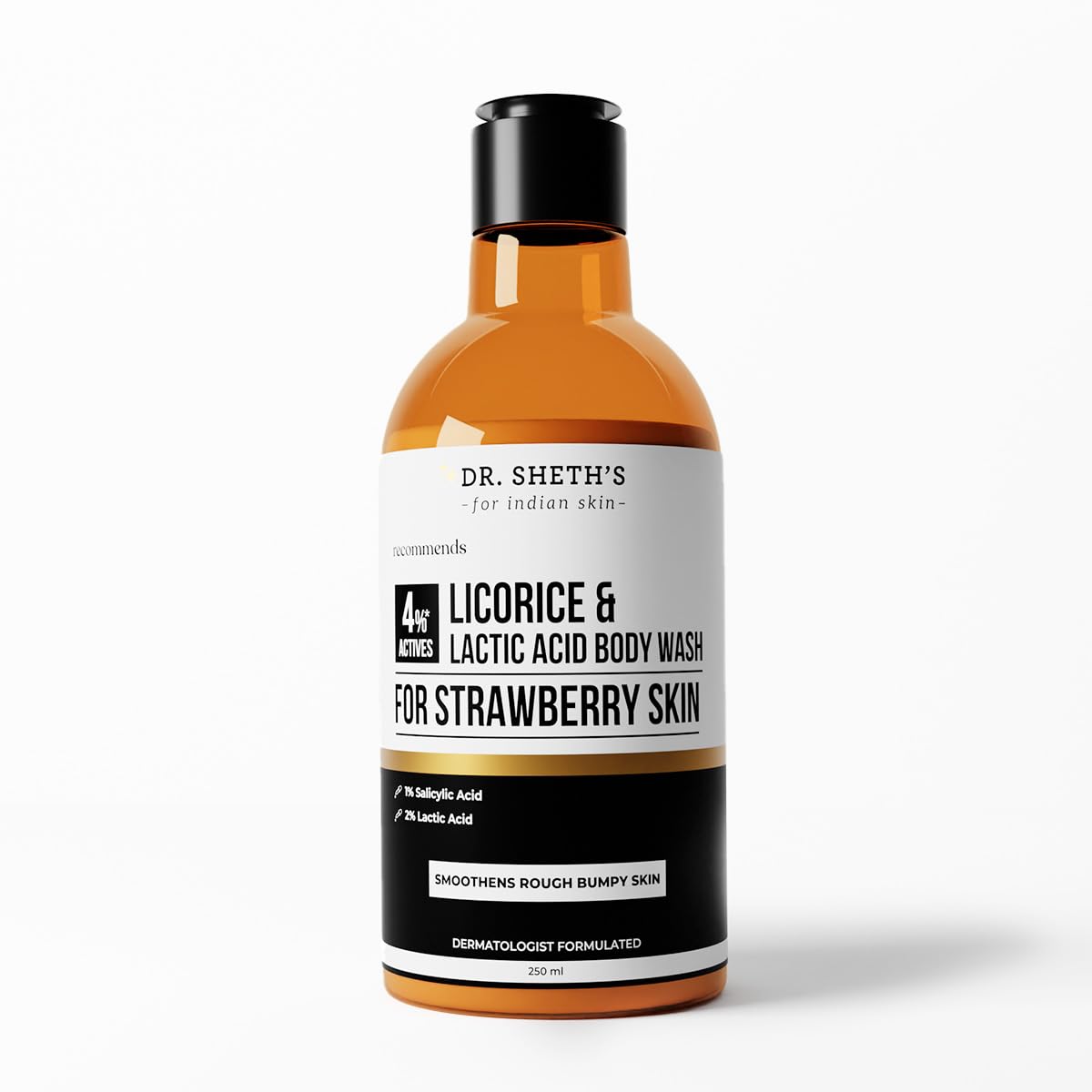 Dr. Sheth’s Licorice & Lactic Acid Body Wash | For rough, bumpy & strawberry skin | Exfoliates & evens skin tone | 4% (Licorice Extract, Lactic Acid, Salicylic Acid, Willow Bark) | Sulphate Free | Gentle Exfoliating Shower Gel | Removes Tan & Dead Skin |