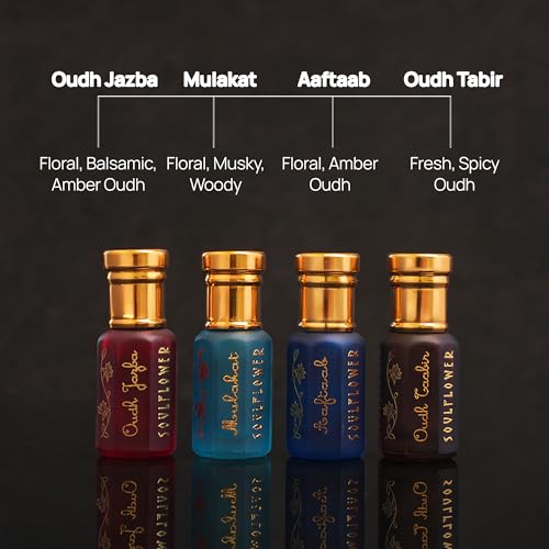 Soulflower Premium Attar Set Alcohol Free luxury Perfume Roll On Gift Hamper for Men & Women, Combination of Fragrance Oudh, Musky, Woody, Floral, Amber, Fresh & Spicy, Set of 4 (5ml Each)