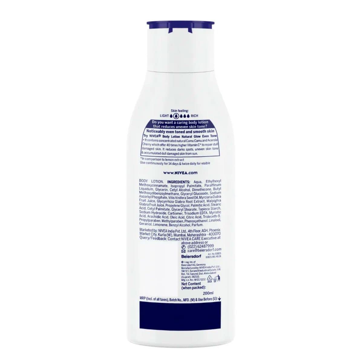 NIVEA Natural Glow Even Tone 200ml Body Lotion | 40 X Vitamin C & UV Protect for Summer Protection and Hydration |With Camu Camu & Acerola Cherry Extracts | For All Skin Types