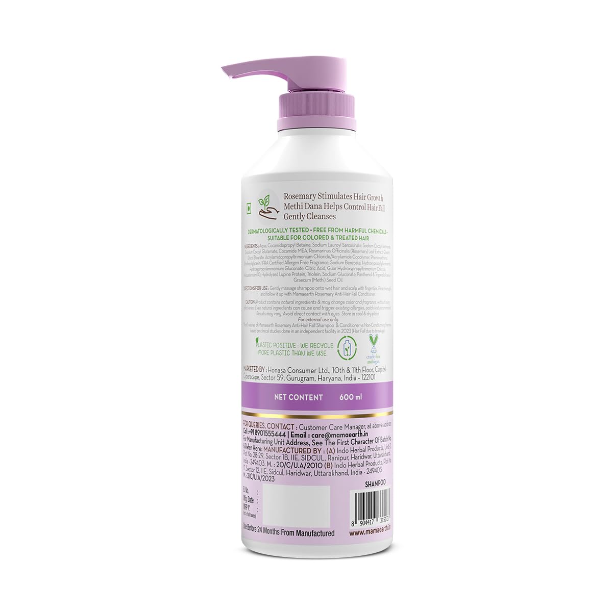 Mamaearth Rosemary Anti-Hair Fall Shampoo with Rosemary & Methi Dana for Reducing hair Loss & Breakage - 600 ml | Up to 94% Stronger Hair | Up to 93% Less Fall | Sulphate Free Shampoo | For Men and Women