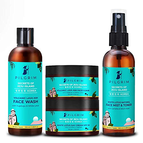 Pilgrim Jeju Complete FaceCare Bundle| Deep Cleansing, Boosts Circulation | Anti- Ageing | Face Wash 100ml, Face Scrub 100g,Day Cream Tnted SPF 50,Face Mist & Toner 100ml | All Skin type | Men & Women