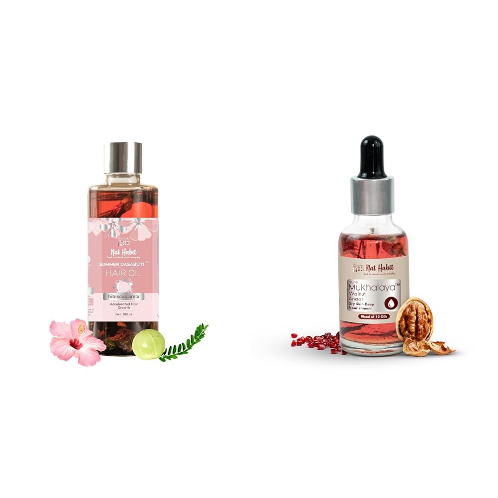 Nat Habit Hibiscus Amla Hair Oil 100 ml & Walnut Anar Mukhalaya Face Oil Combo for Dry Skin Deep Nourishment, Hair Growth & Hair Fall