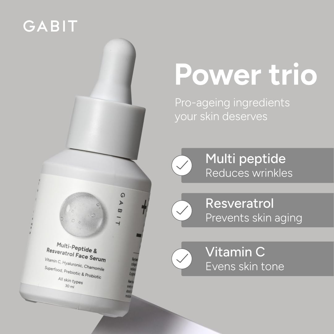 Gabit Multi-Peptide & Resveratrol Pro-ageing Serum For Wrinkles, Fine Lines, Dark Spots | Boosts Collagen | Normal, Oily, Dry, Sensitive Skin Types |Vit-C, Hyaluronic, Chamomile |For Women & Men, 30 ml