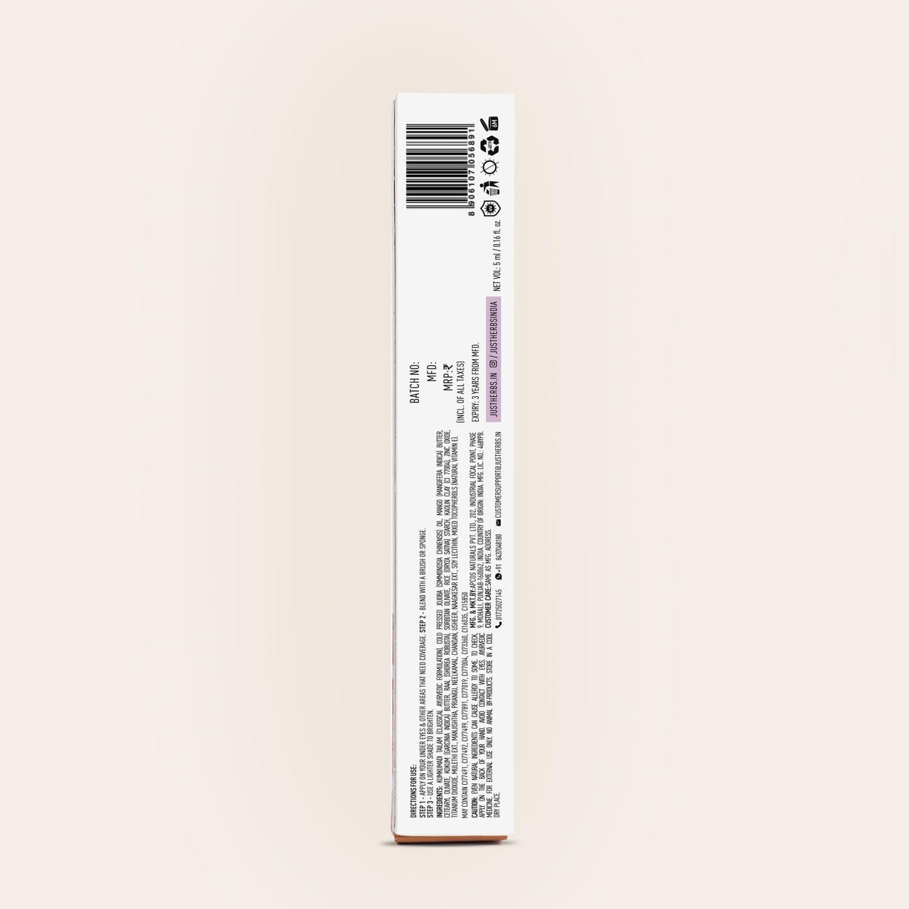 Just Herbs Full Cover Filter Finish Under Eye Light Weighted Matte Finish Concealer for Face Makeup 5 ml (Beige)