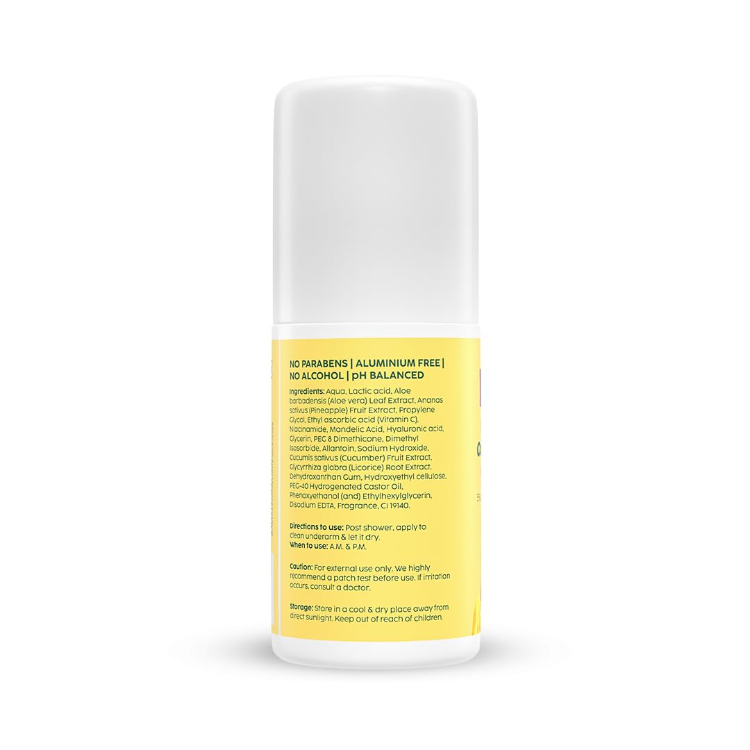 PLIX - THE PLANT FIX Pineapple Odour Control Underarm Roll-On (50Ml) With 5% Lactic Acid & 1% Mandelic Acid, Prevents Body Smell, Brightens Skin & Exfoliates Underarm, Alcohol Free - Lotion