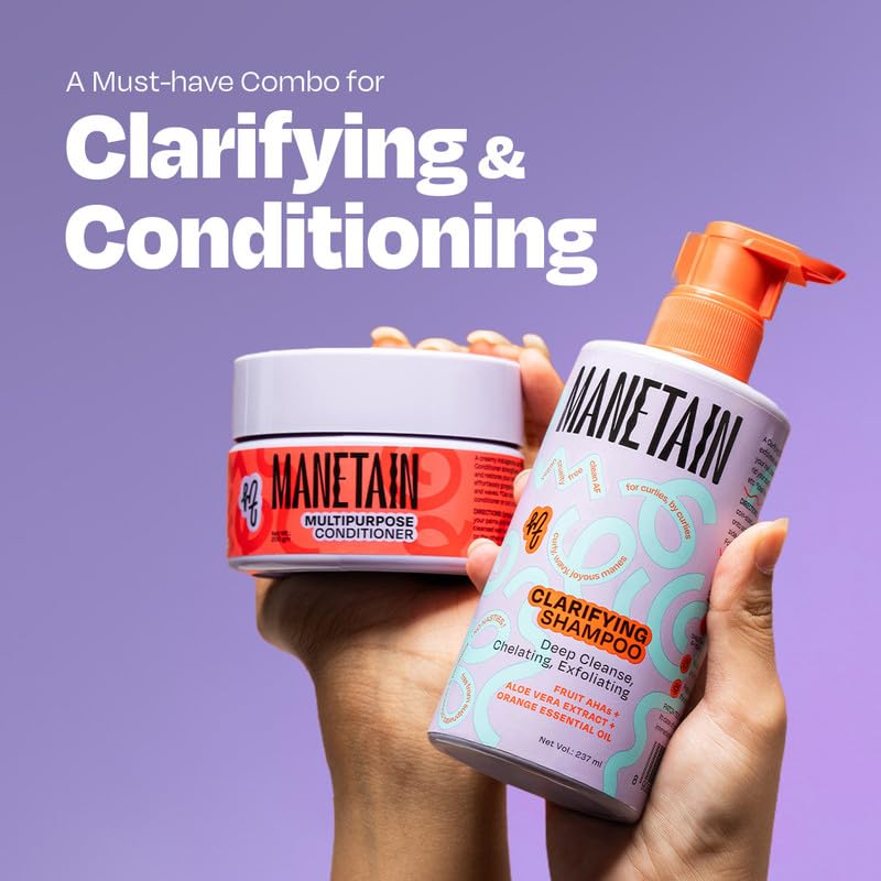 MANETAIN Squeaky Clean Clarifying Shampoo 237ml & Multipurpose Conditioner 200gm | Curl Enhancing, Frizz Control, Protein-Moisture Balance | Hard Water, Product Buildup & Scalp Reset | For All Hair Types | For Men & Women