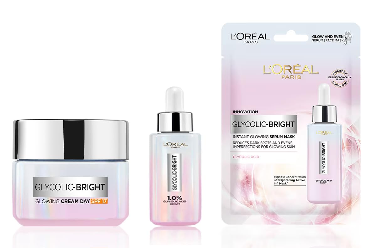 L'Oreal Paris Glycolic Bright Day Cream - 50ml + Brightening Serum 15ml + Glycolic Bright Glowing Serum Sheet Mask