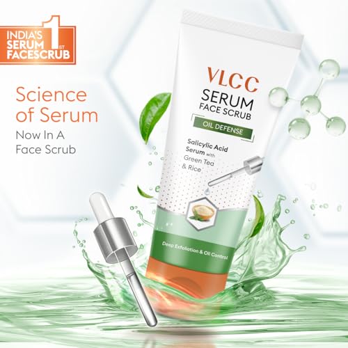 VLCC Oil Defense Scrub with Salicylic Acid Serum - 150g - Green Tea & Rice | Oil Controlling & Exfoliating Scrub. Controls Oiliness, Reduces Blackheads, & Whiteheads | Suitable for All Skin Types