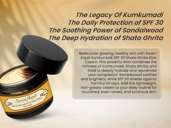 Herbs & Greens Kumkumadi Gold SPF 30 PA ++++ Shata Ghrita Elixir Face Cream with Precious Herbs, Desi Cow Ghee, 24k Gold, and SPF 30 for Collagen Boost, Radiant and Nourished Skin | Day Moisturizer With Sunscreen For Woman & Men | All Skin Types | 50gm