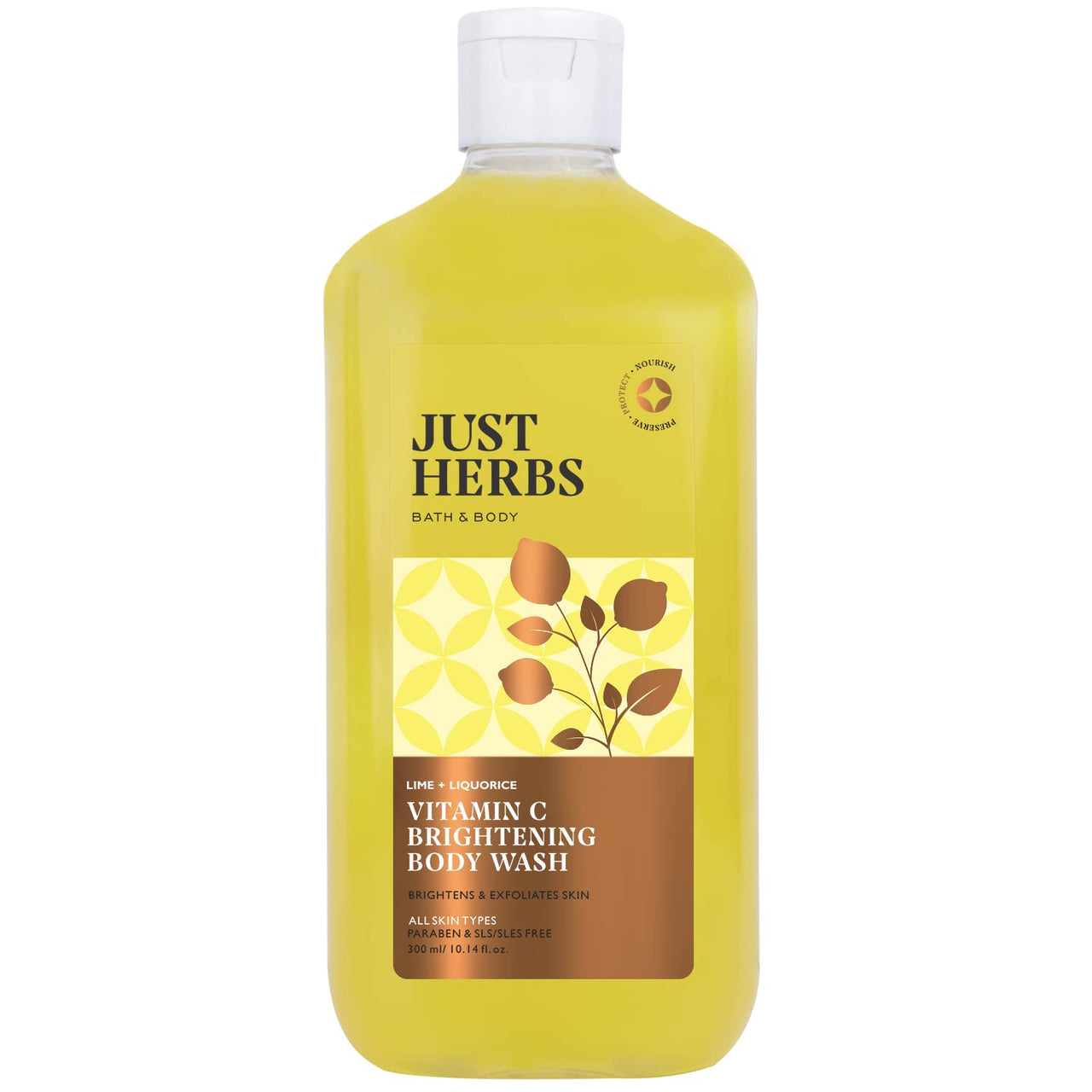 Just Herbs Vitamin C Skin Brightening Exfoliating Lime + Liquorice Body Wash for 300 ml & Just Herbs Under Arm Roll On Deodorant - 50 ml Combo