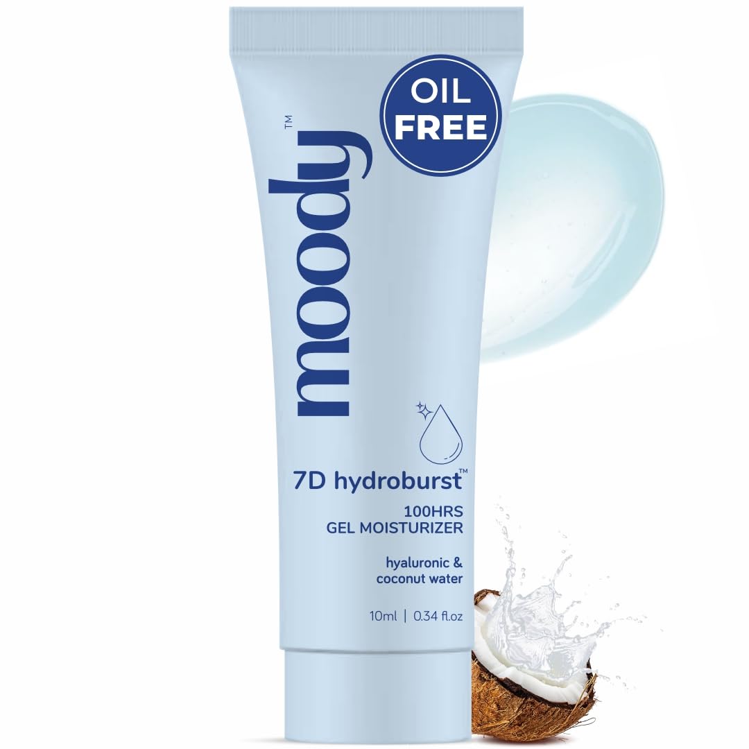 Moody 7D Hydro Burst Oil-Free Water Gel Face Moisturizer with Hyaluronic Acid, Ceramides & Peptides for 100HR Hydration | Skin Barrier Repair Cream For All Skin Types | Men & Women, 10ml