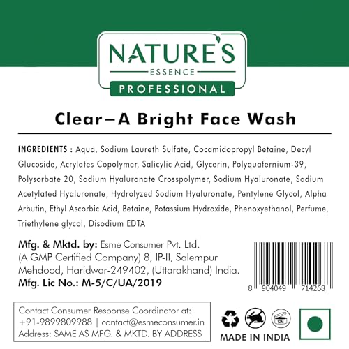 Nature's Essence Professional Facialist Clear-A Bright Face Wash for women| 2% Salicylic Acid Complex & Vitamin C | Oily & Acne-Prone Skin |100g