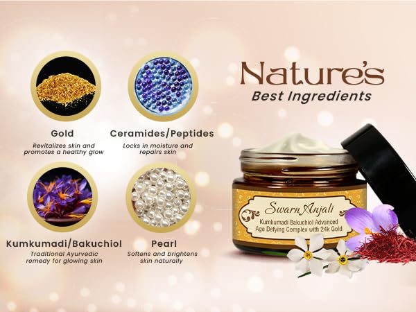 Herbs & Greens Kumkumadi Gold Bakuchiol (Natural Retinol) Advanced Age-Defying Complex with 24k Gold, Ceramides, Peptides & Pearl Ext | Youthful Radiance Cream | Strengthen's Skin Barrier | For Fine Lines & Wrinkles | All Skin Types | Day & Night Ayurvedi