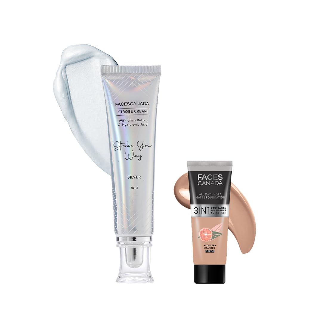 FACESCANADA Celeb Glow Kit Medium Coverage Silver Strobe Cream (30Ml) + Warm Natural All Day Hydra Matte Mini Foundation (15Ml) Makeup Kit For Women (Combo Pack Of 2)