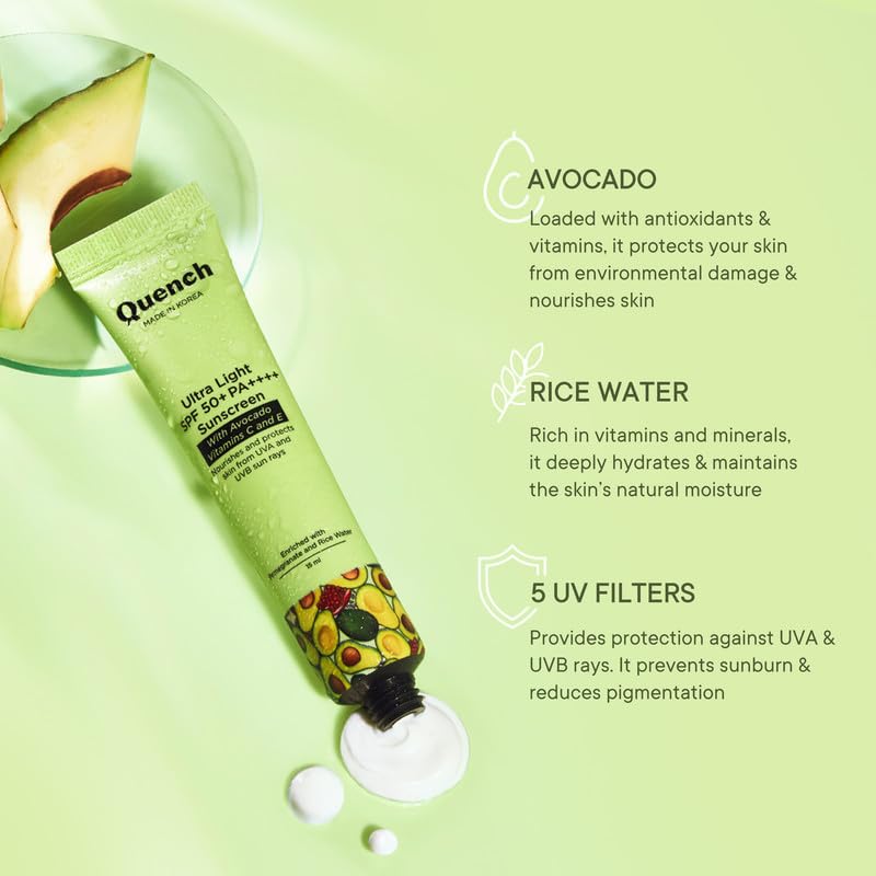 Quench Vitamin E Ultra Light SPF 50+ PA++++ Sunscreen for Glowing Skin | Non-Greasy and Non-Sticky | No White Cast | UVA & UVB Protection | Made in Korea | For Women & Men (MINI - 15ml)