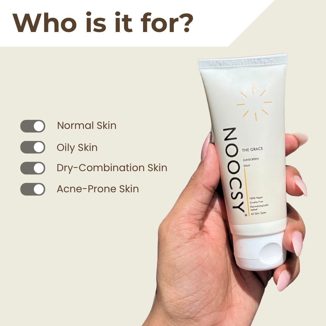 NOOCSY The Grace Sunscreen Spf 50+ Pa++++ With Zinc Oxide, Titanium Dioxide And Hyaluronic Acid | Lightweight With Multi-Vitamins | No White Cast | For Men & Women | 50 G, All