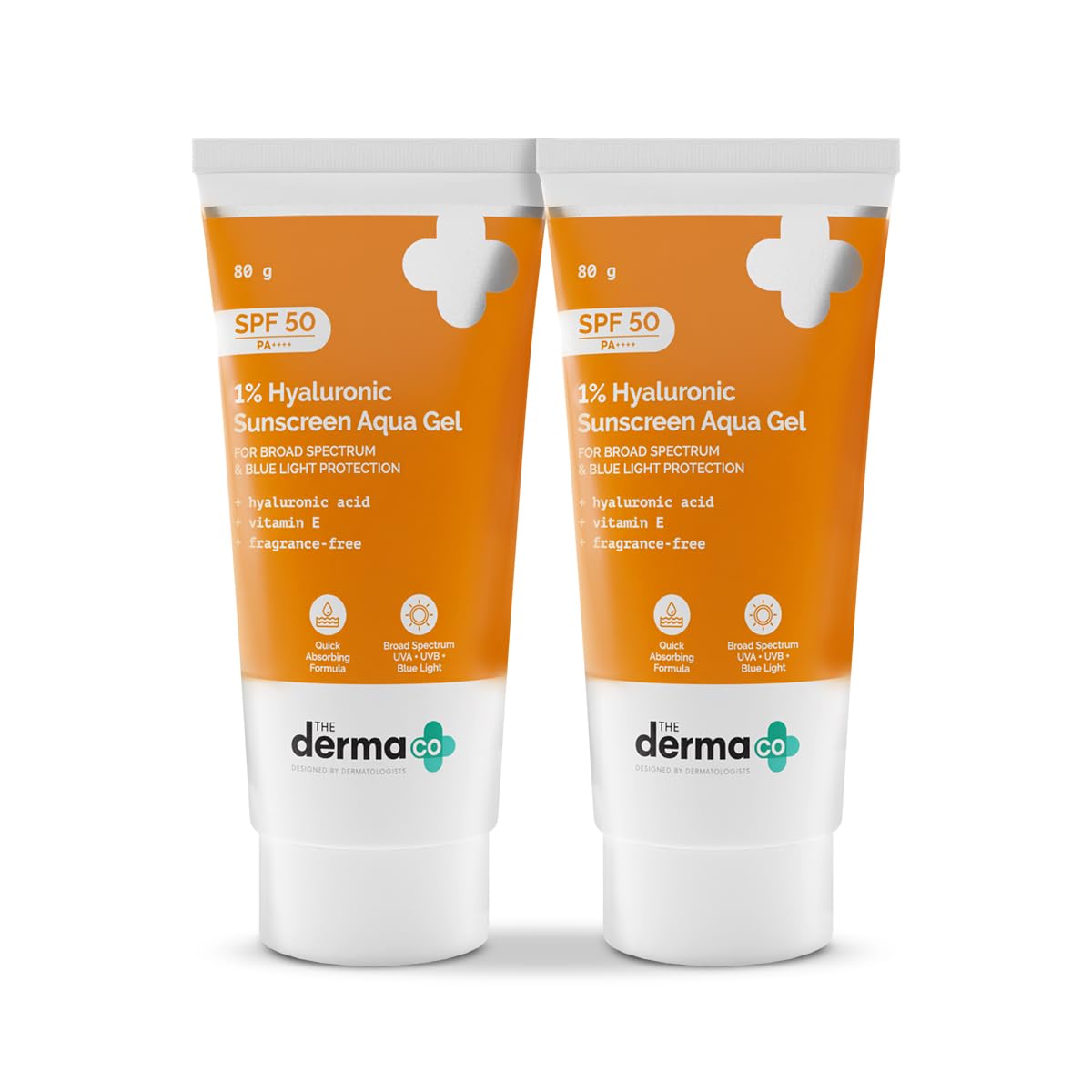 The Derma Co 1% Hyaluronic Sunscreen Aqua Gel SPF 50 PA++++ I For Oily, Dry, Acne-prone Skin | Ultra Lightweight Texture | Non-Greasy, No White Cast | Broad Spectrum Protection & Blue Light Protection | For Men & Women | 80 g x 2