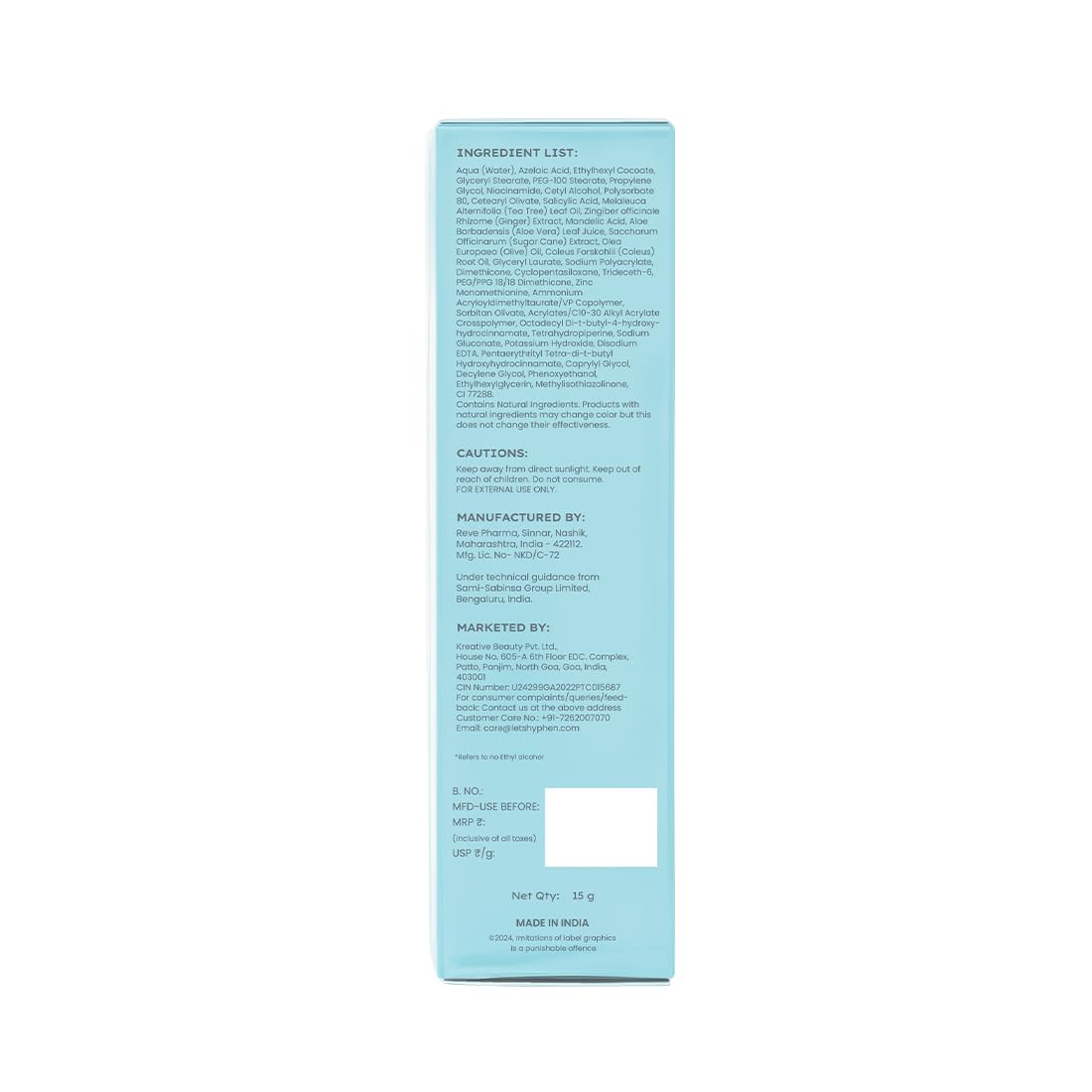 Hyphen Acne Fix Spot Corrector for Acne Prone Skin with Salicylic Acid 1%, Azelaic Acid 10% | Shrinks active acne, Prevents new pimple, Soothes acne, Conceals Redness | For Men & Women - 15g