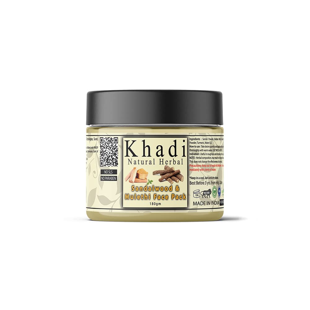Khadi Natural Herbal Sandalwood Face Pack For Skin Brightening 180gm Pack | Enriched With 100% Natural Pure Sandalwood Powder & Mulethi For Skin Glowing | Reduce Acne & Control Excess Oil Suitable For All Skin Types | Sls & Parben Free Face Pack