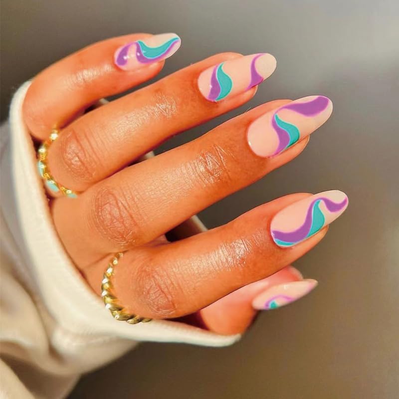 Gush Beauty Press On Nails | Reusable Nail Extensions | Artificial Fake Nails Set | For women (Abstract Purple Swirl - Medium Round)