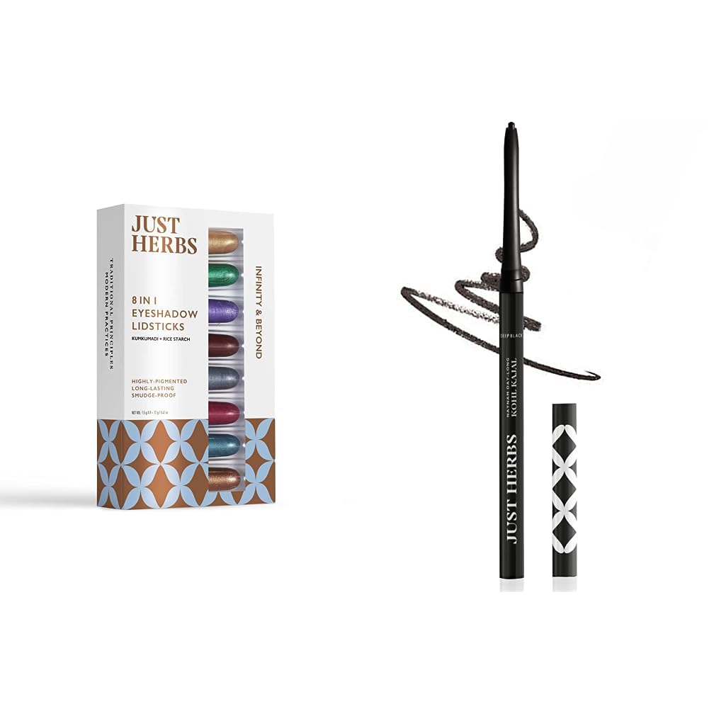 Just Herbs 8 In 1 Herbal Metallic stick-Shimmery Finish - 12Gm& Retractable 2 In 1 Herbal Eyeliner + Kajal stick- Black 0.3G Combo