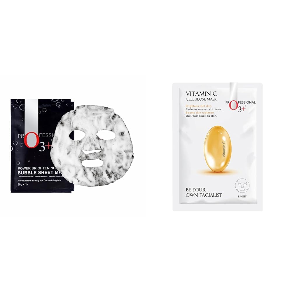 O3+ Power Brightening Bubble Sheet Mask for Deep cleansing and glowing skin (30gm & O3+ Facialist Vitamin C Cellulose sheet Mask for pigmentation and uneven skin (30g) Combo
