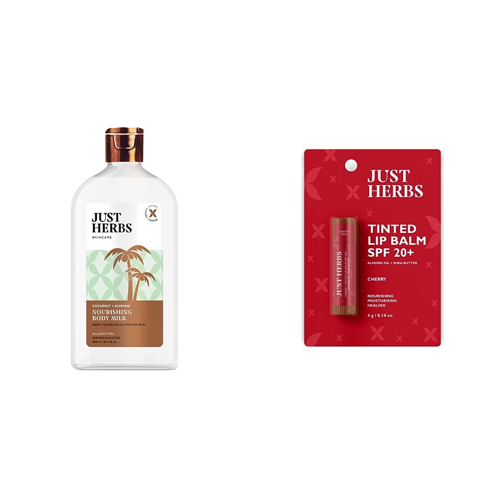 Just Herbs Body Lotion For Dry Normal & Combination Skin Nourishing Body Milk With Coconut + Almond - 300ml & Just Herbs Tinted Lip Balm 4 g (Cherry) Combo