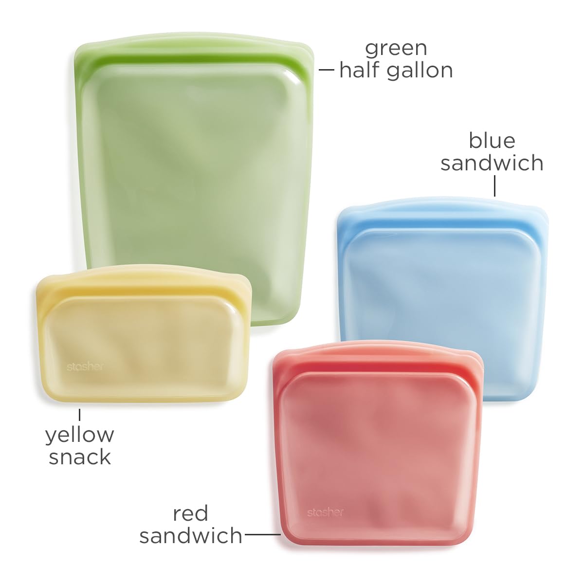 Stasher Reusable Silicone Storage Bag, Food Storage Container, Microwave and Dishwasher Safe, Leak-free, Bundle 4-Pack, Green + Red + Blue + Yellow
