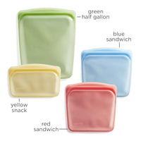 Stasher Reusable Silicone Storage Bag, Food Storage Container, Microwave and Dishwasher Safe, Leak-free, Bundle 4-Pack, Green + Red + Blue + Yellow