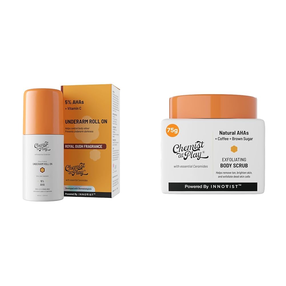 Chemist At Play UnderArm Roll-On Deodorant with 5% AHA, Lactic Acid & 1% Mandelic Acid Vegan | SLS Free | 40ml Exfoliating Body Scrub For Removing Tan & Dead Skin Cells For Men & Women | 75g