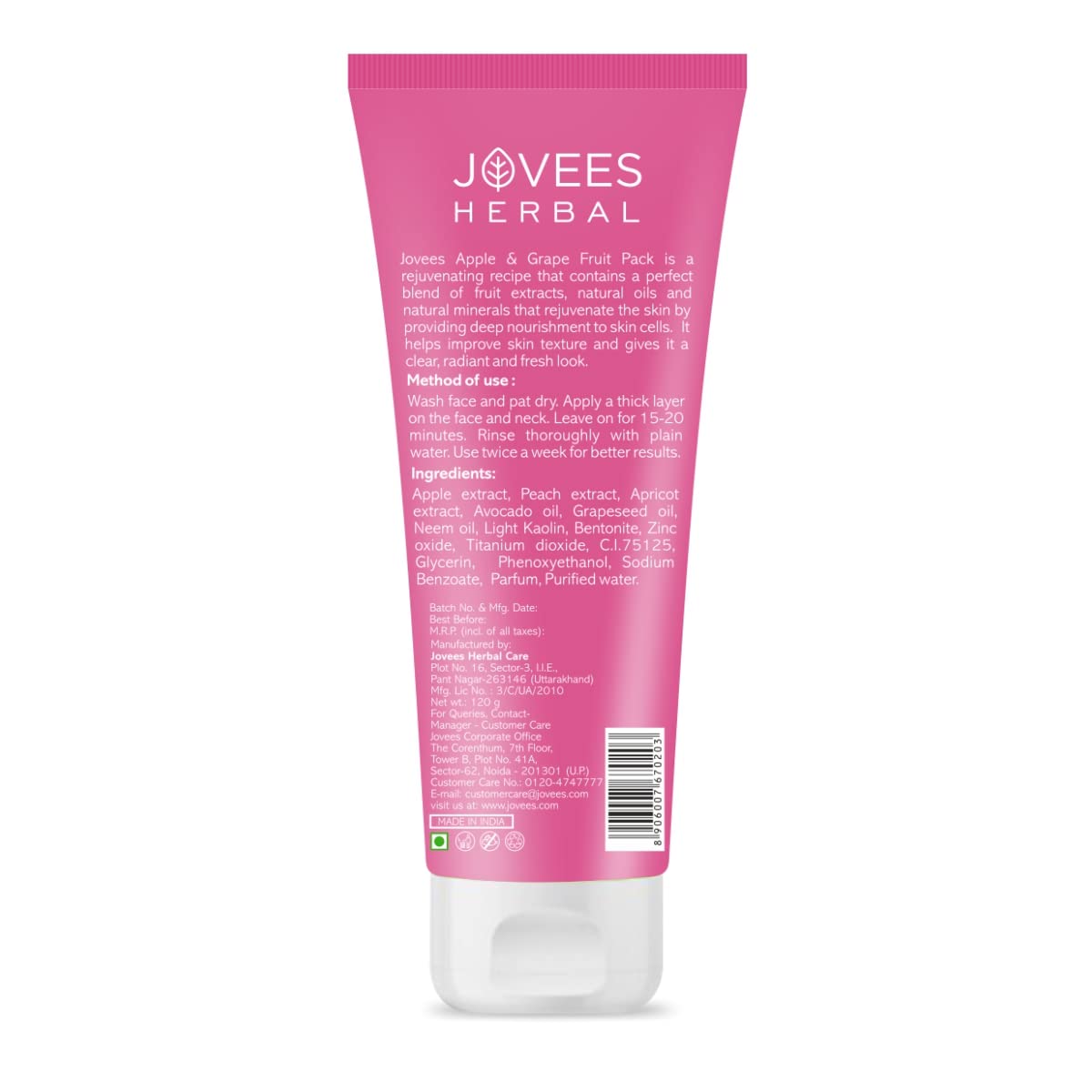 Jovees Herbal Apple & Grape Fruit Pack | With Apple, Apricot & Peach Extracts | For Uneven Skin Tone | For All Skin Types | 120gm