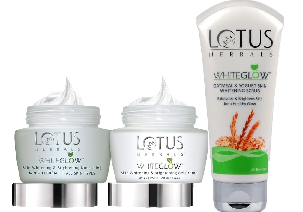 Lotus Herbals Whiteglow Gel Cream 60g, Nourishing Night Cream 60g, Oatmeal Scrub 100g, Set of 3