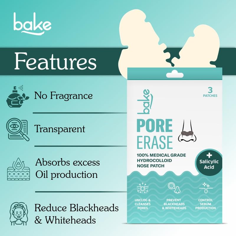 BAKE 2% Salicylic Acid Nose Strips for Pore Cleansing & Blackheads Removal | Hydrocolloid Nose Strips for Control Sebum Production (3 Strips)