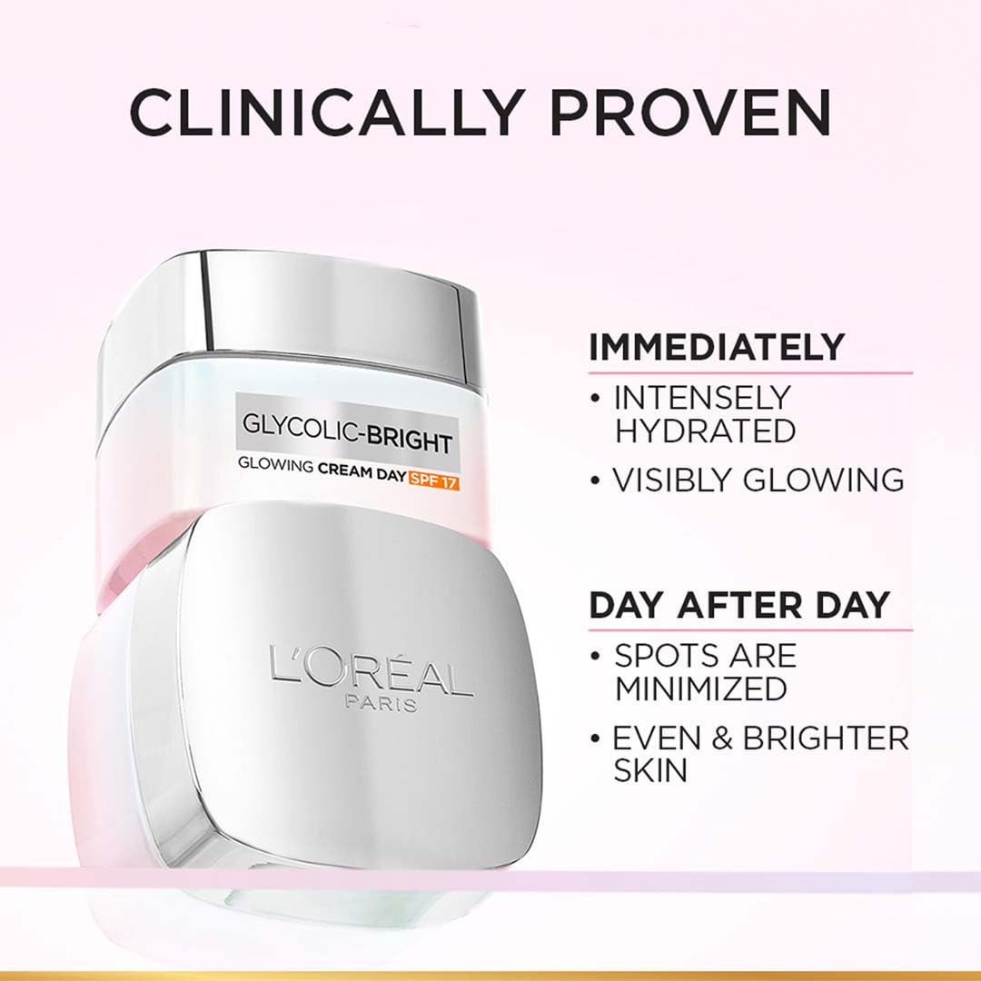L'Oreal Paris Glycolic Bright Glowing Day Cream, Overnight Brightening Cream, Glycolic Acid in Gel-Like Cream Texture, that Visbily Minimizes Spots & Reveals Glowing skin, 50ml