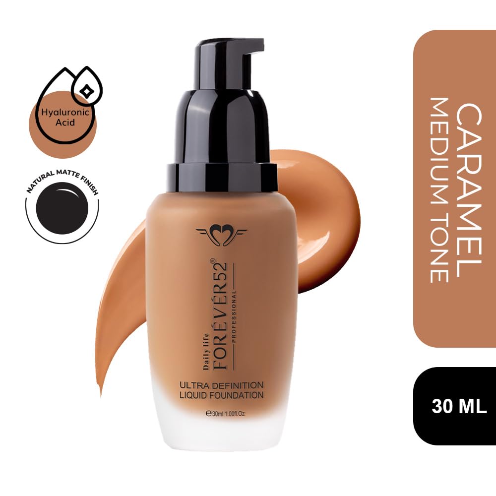 Daily Life Forever52 Ultra Definition Liquid Foundation + Skin-Like Blend Sponge Combo | 24H High Coverage Satin Finish + Seamless Blending Tool | Lightweight, Long-Wear & Ideal for Indian Skin Tones (Dusky__Caramel-04& Makeup Sponge)