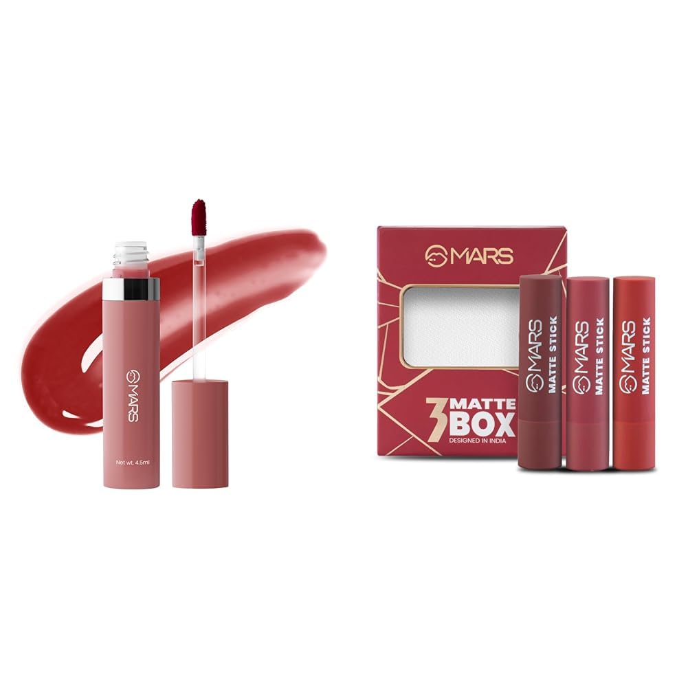 MARS Drip Lip Mist for Women (4.5 ml) (05-Cranberry Drip) Matte Box Set of 3 Lipsticks for Women (3x3.2 gm) (01-Red & Maroon)